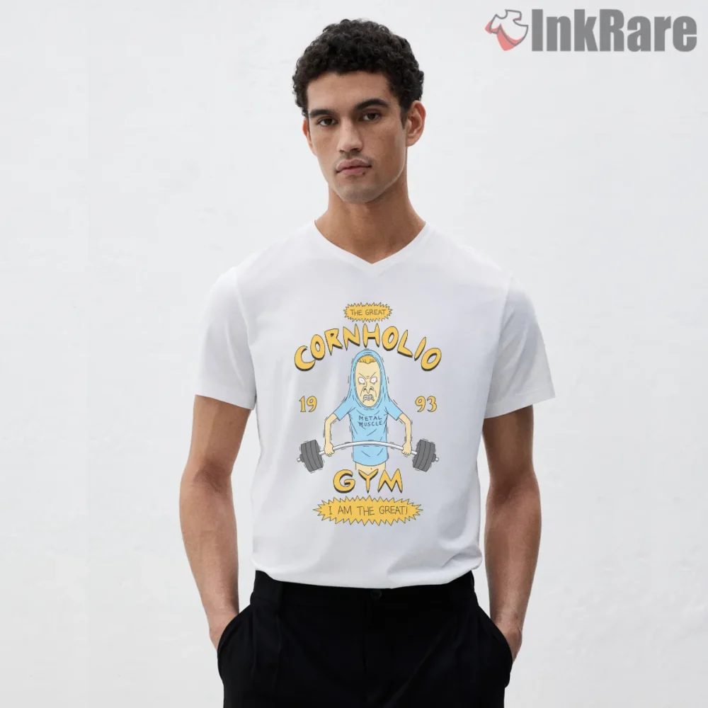Cornholio Gym Nineties Fitness Parody Shirt on white v-neck shirt for men graphic tee