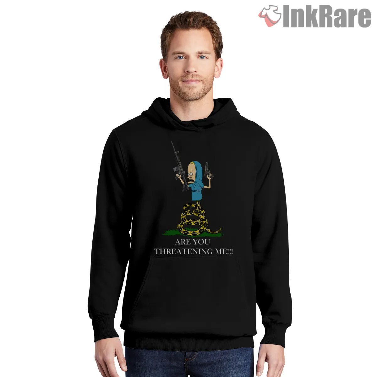 Cornholio Tactical Are You Threatening Me Gun Shirt on black hoodie for men graphic tee