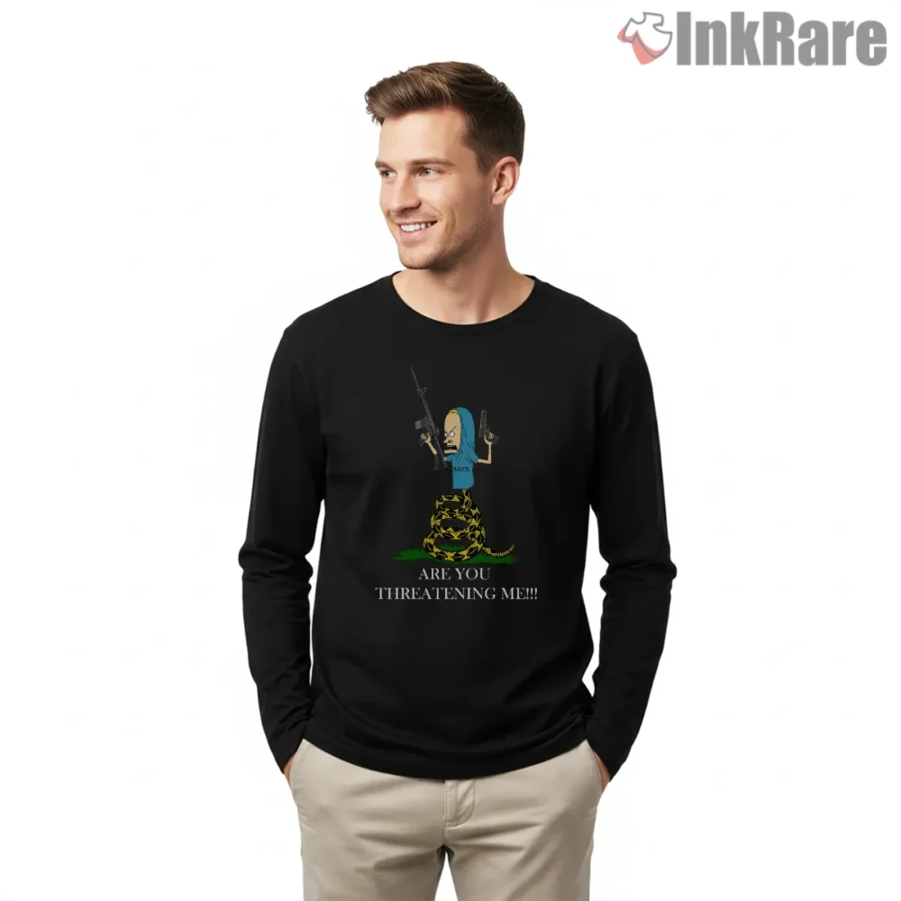 Cornholio Tactical Are You Threatening Me Gun Shirt on black long sleeve shirt for men graphic tee