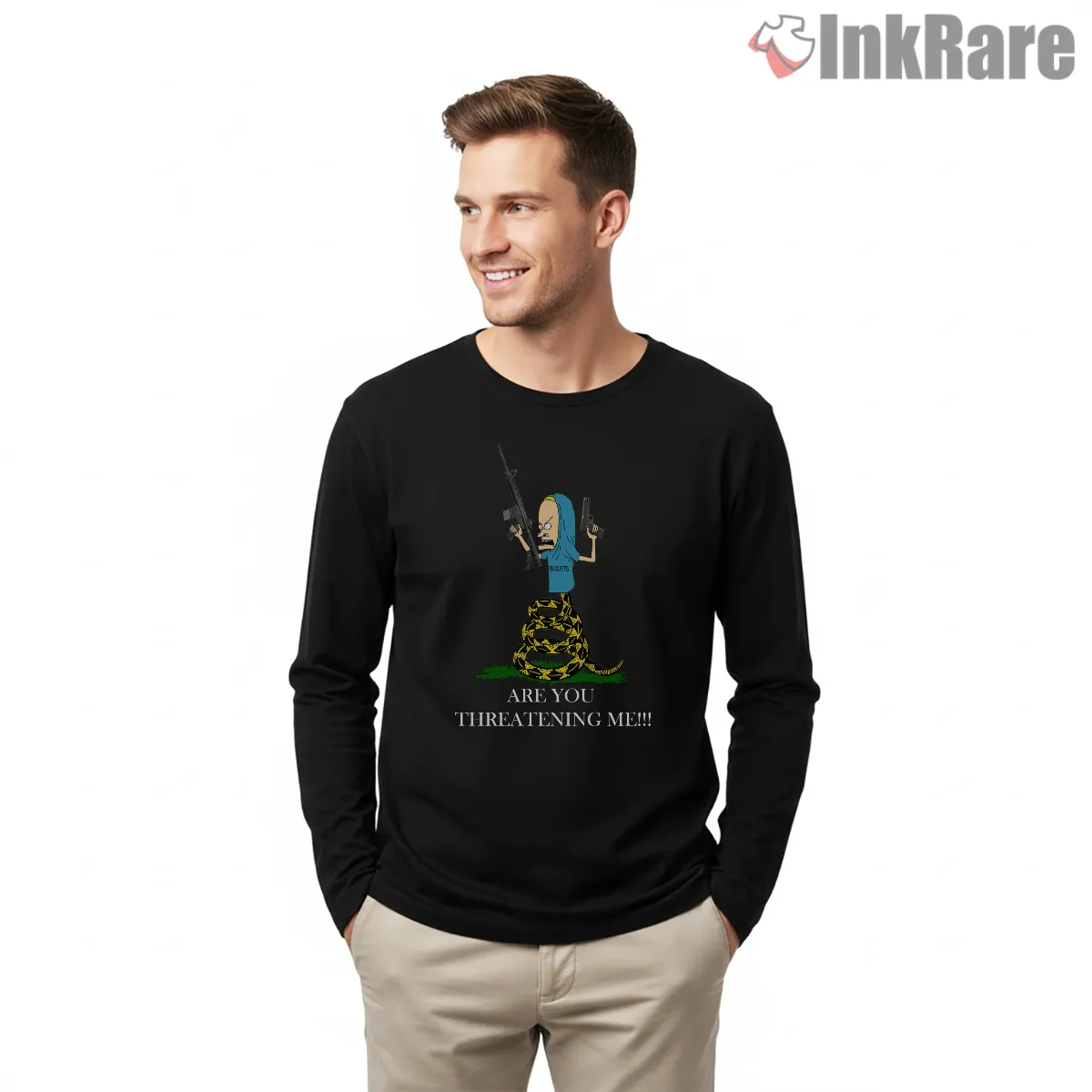 Cornholio Tactical Are You Threatening Me Gun Long Sleeve Black Cornholio Tactical Are You Threatening Me Gun Shirt on black long sleeve shirt for men graphic tee