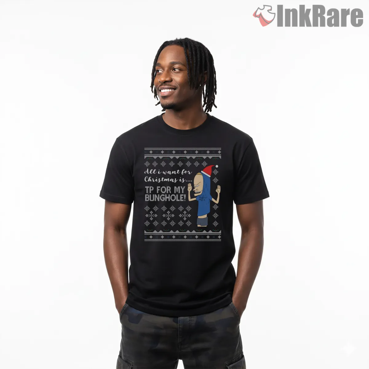 Cornholio Tp For My Bunghole Christmas Sweater Short Sleeve Black Cornholio Tp For My Bunghole Christmas Sweater Shirt on black short sleeve shirt for men graphic tee