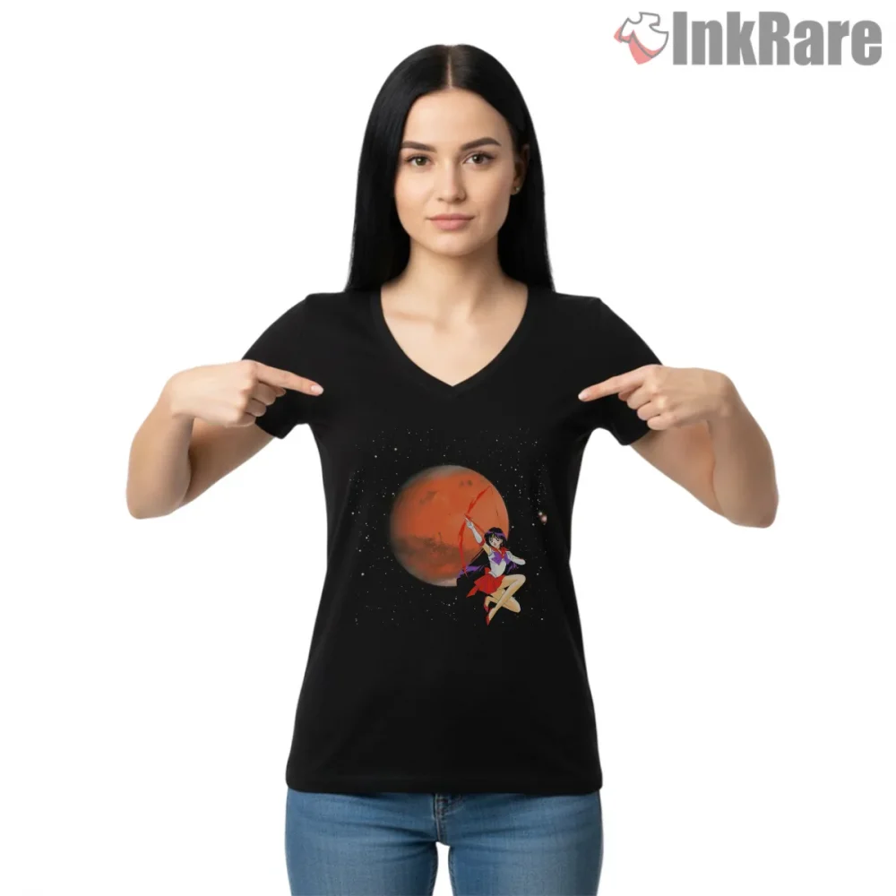Cosmic Mars Inspired Magical Warrior Shirt on black v-neck shirt for women graphic tee