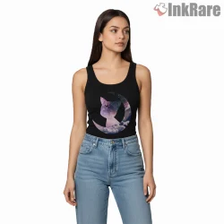 Cosmic Moon Cat Dreamscape Shirt on black tank top for women graphic tee