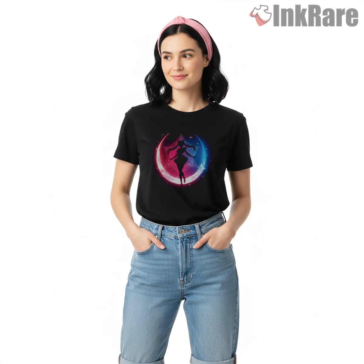 Cosmic Silhouette Moon Guardian Shirt on black short sleeve shirt for women graphic tee