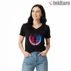 Cosmic Silhouette Moon Guardian Shirt on black v-neck shirt for women graphic tee