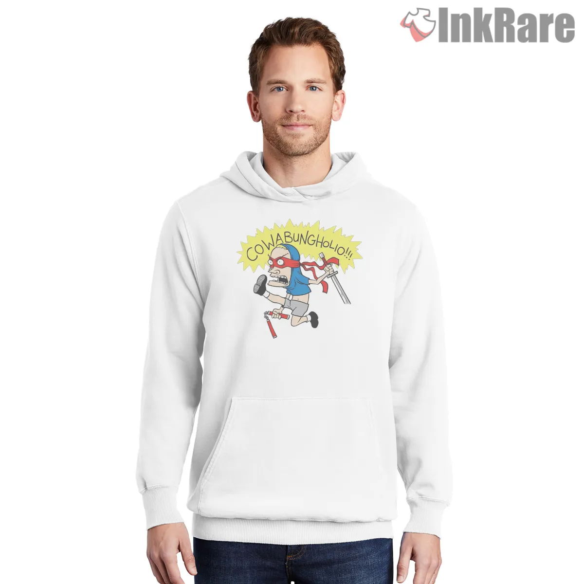 Cowabungholio Ninja Rampage Cartoon Shirt on white hoodie for men graphic tee