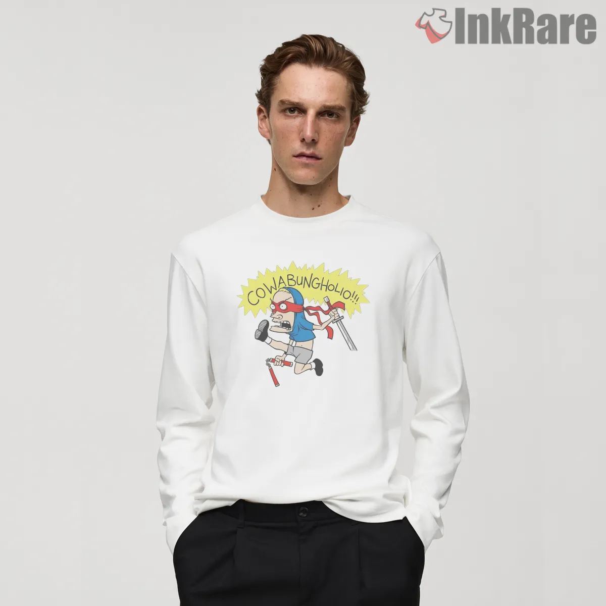 Cowabungholio Ninja Rampage Cartoon Long Sleeve White Cowabungholio Ninja Rampage Cartoon Shirt on white long sleeve shirt for men graphic tee