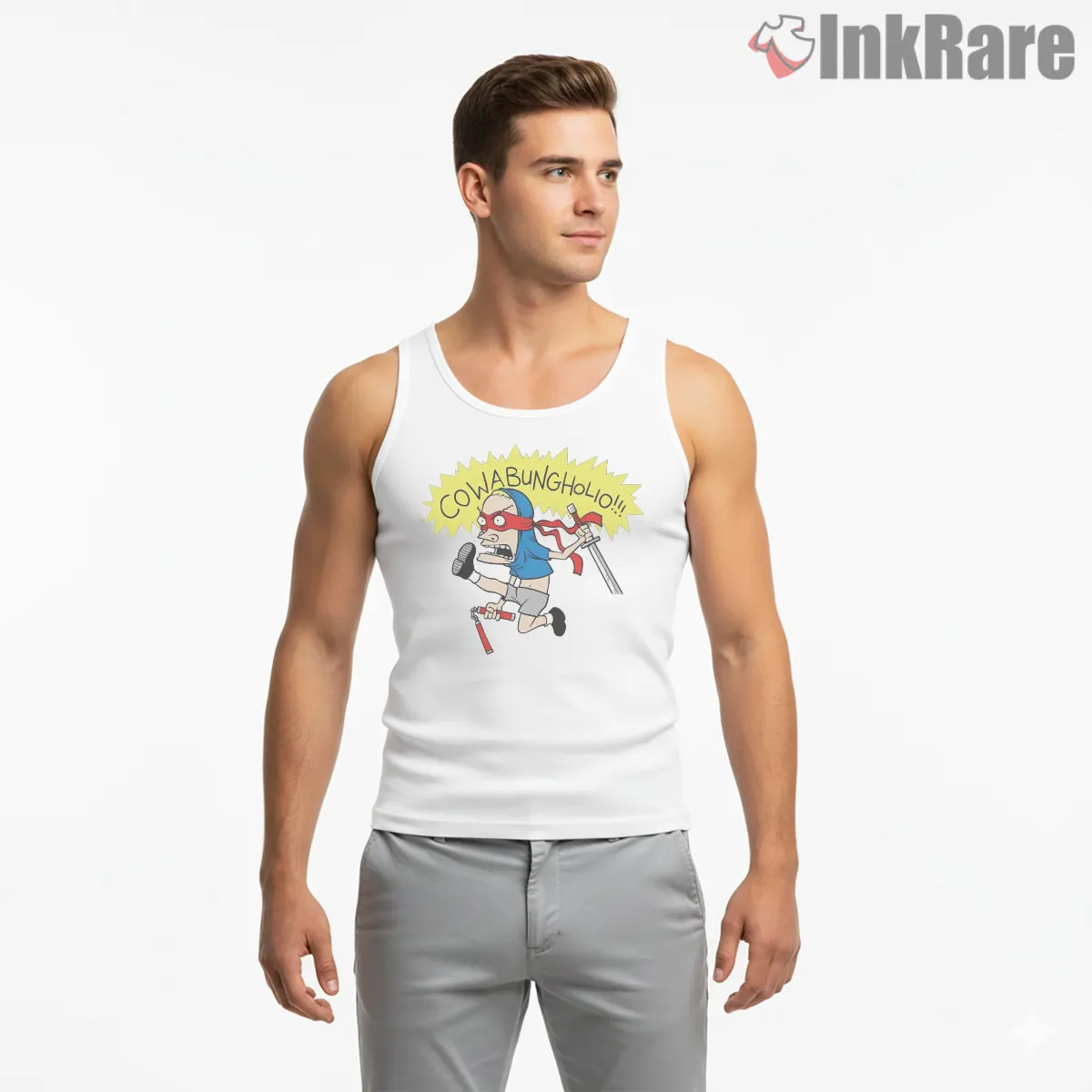 Cowabungholio Ninja Rampage Cartoon Tank Top White Cowabungholio Ninja Rampage Cartoon Shirt on white tank top for men graphic tee