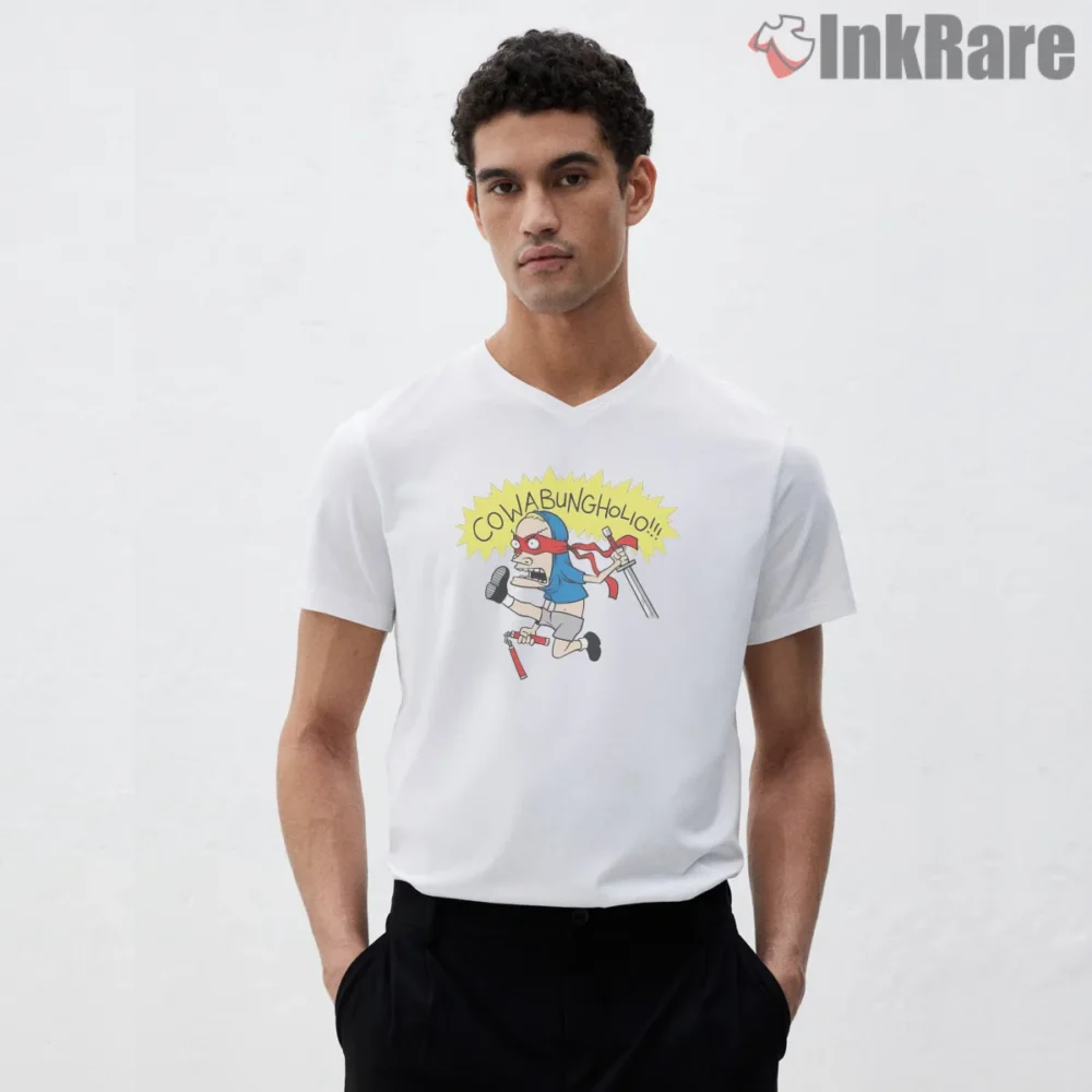 Cowabungholio Ninja Rampage Cartoon Shirt on white v-neck shirt for men graphic tee