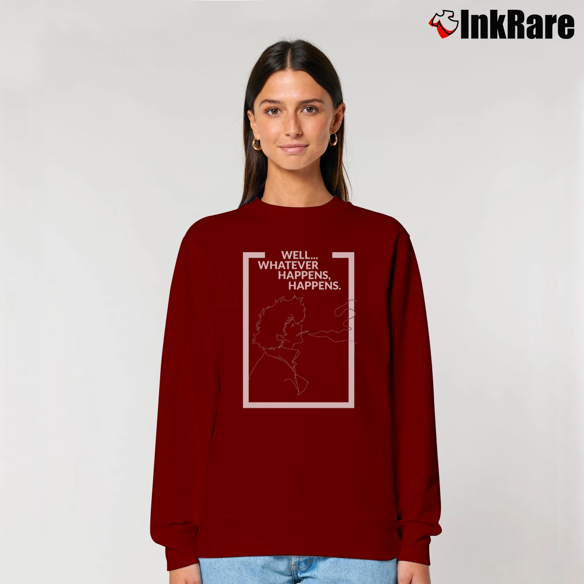 Women’s Cowboy Bebop Oh Well Whatever Happens Relaxed Sweatshirt in maroon | Soft, Laid-Back Vibe