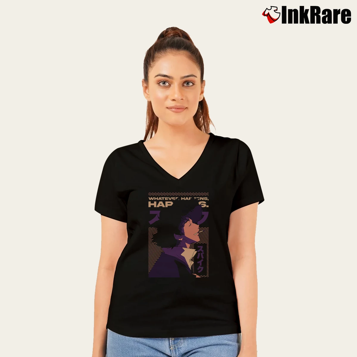 Women’s Cowboy Bebop Spike Spiegel V-Neck Tee in black | Chic Neckline, Soft Texture
