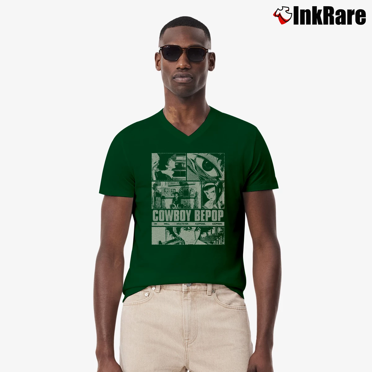 Men’s Cowboy Bebop Vintage Poster V-Neck Tee in forest green | Sharp, Breathable, Everyday Staple