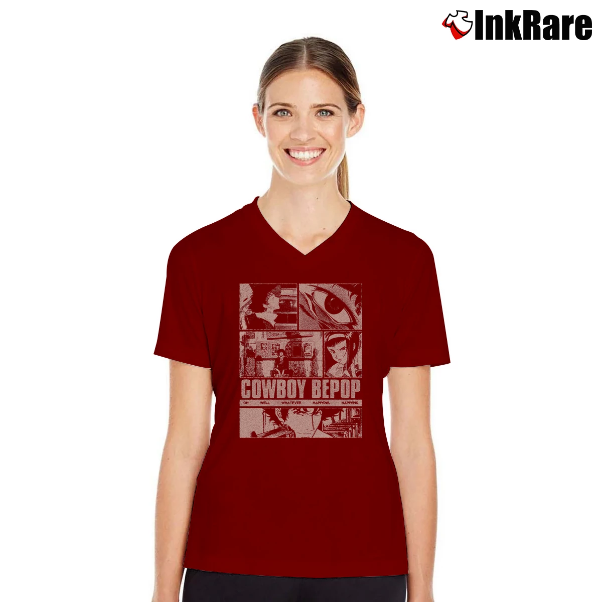 Women’s Cowboy Bebop Vintage Poster V-Neck Tee in maroon | Chic Neckline, Soft Texture