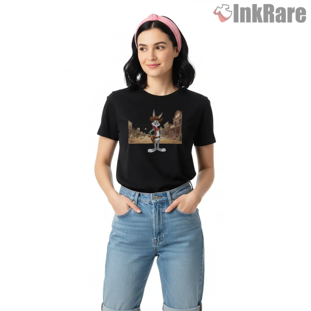 Cowboy Bugs Bunny Desert Street Shirt on black short sleeve shirt for women graphic tee