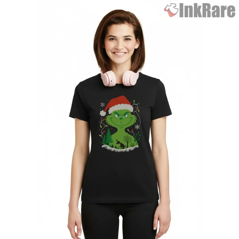 Cozy Forest Grinch Winter Lights Shirt on black short sleeve shirt for women graphic tee