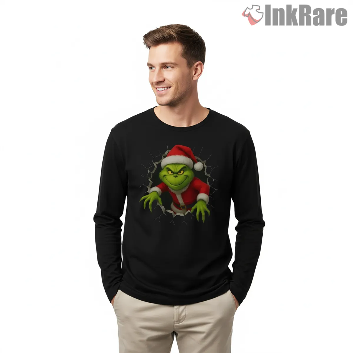 Cozy Green Santa Grinch Character Long Sleeve Black Cozy Green Santa Grinch Character Shirt on black long sleeve shirt for men graphic tee