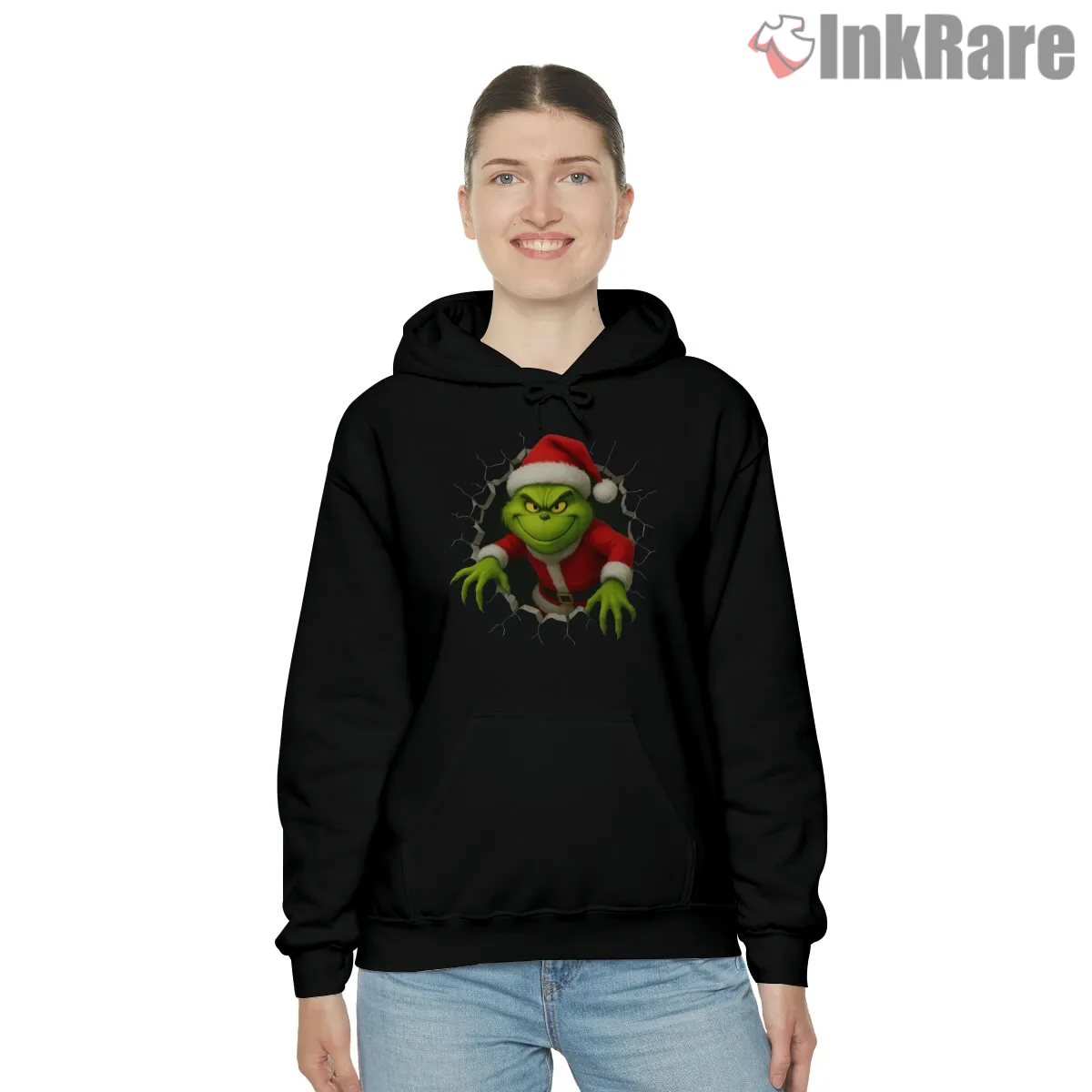 Cozy Green Santa Grinch Character Hoodie Black Cozy Green Santa Grinch Character Shirt on black hoodie for women graphic tee