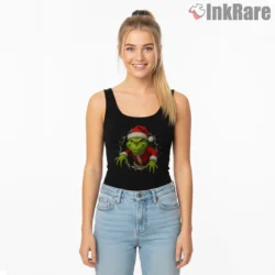 Cozy Green Santa Grinch Character Shirt on black tank top for women graphic tee