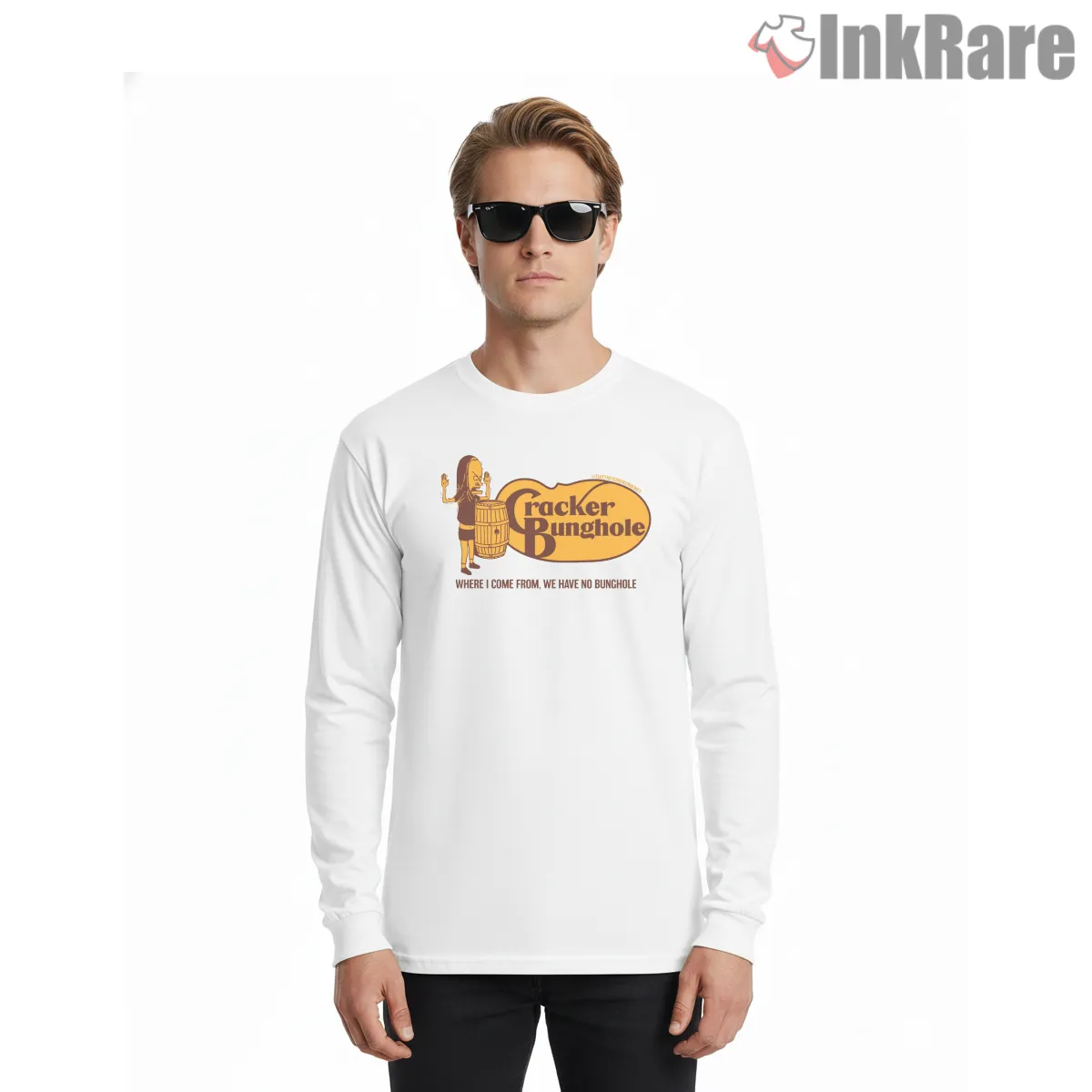 Cracker Bunghole Barrel Parody Logo Shirt on white long sleeve shirt for men graphic tee