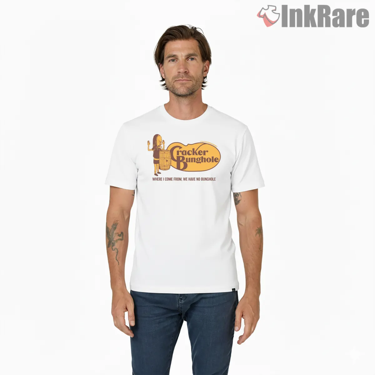 Cracker Bunghole Barrel Parody Logo Short Sleeve White Cracker Bunghole Barrel Parody Logo Shirt on white short sleeve shirt for men graphic tee