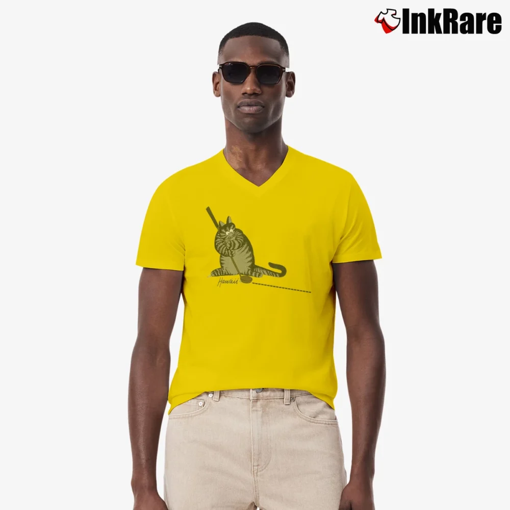 Men’s Crazy Cat Golf Cartoon V-Neck Tee in yellow | Sharp, Breathable, Everyday Staple