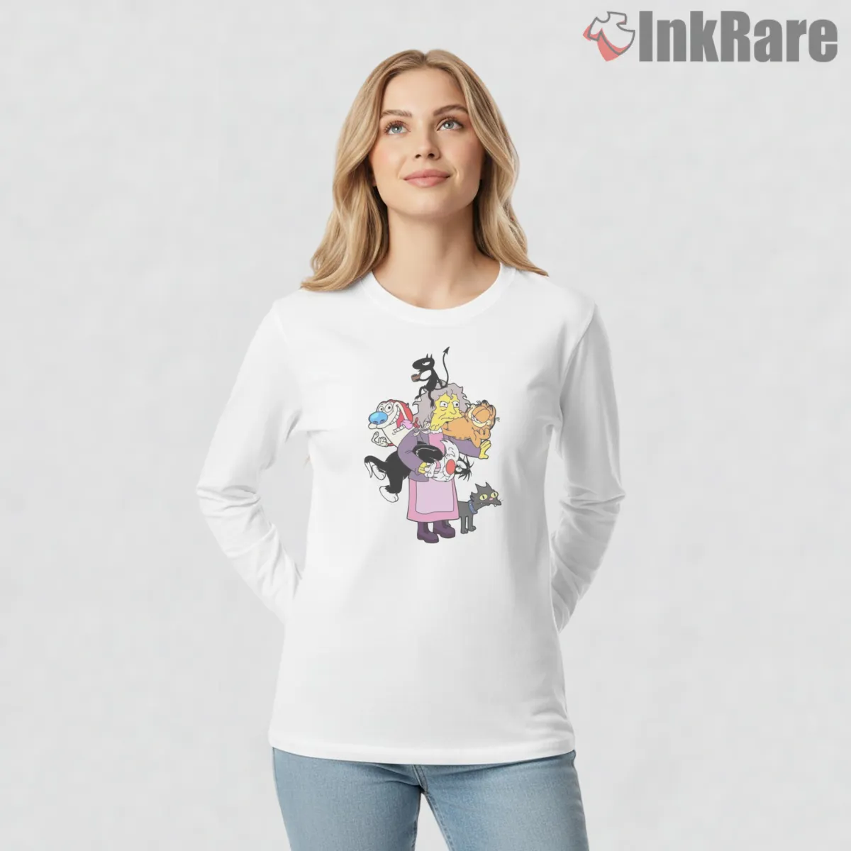 Crazy Cat Lady Simpsons Chaos Cartoon Mashup Long Sleeve White Crazy Cat Lady Simpsons Chaos Cartoon Mashup Shirt on white long sleeve shirt for women graphic tee