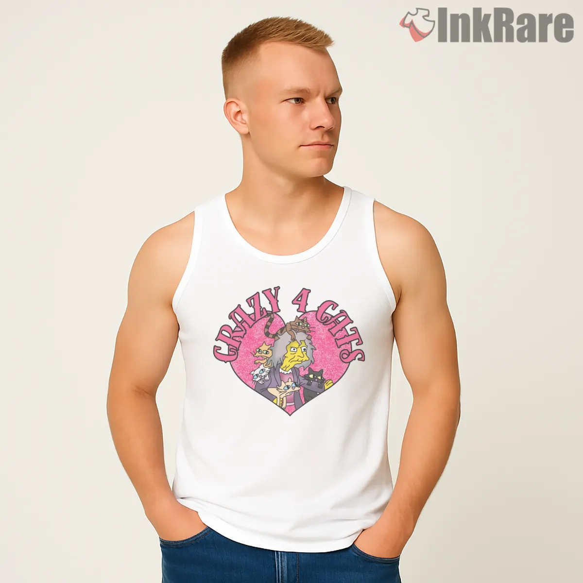 Crazy For Cats Eleanor Simpsons Heart Cartoon Tank Top White Crazy For Cats Eleanor Simpsons Heart Cartoon Shirt on white tank top for men graphic tee