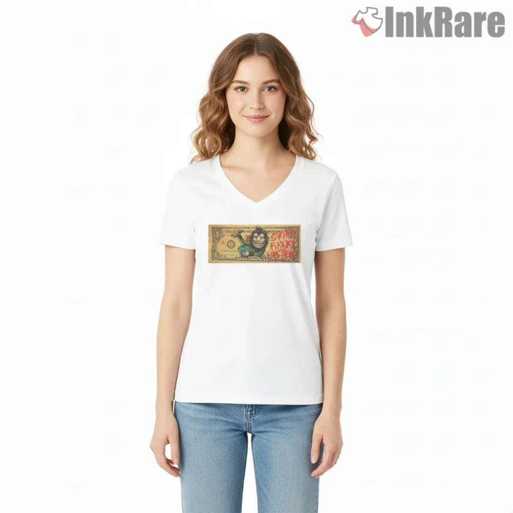 Crazy Harry Money Parody Grunge Street Art Shirt on white v-neck shirt for women graphic tee