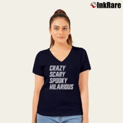 Women’s Crazy Scary Spooky Hilarious V-Neck Tee in navy | Chic Neckline, Soft Texture