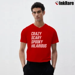 Men’s Crazy Scary Spooky Hilarious V-Neck Tee in red | Sharp, Breathable, Everyday Staple