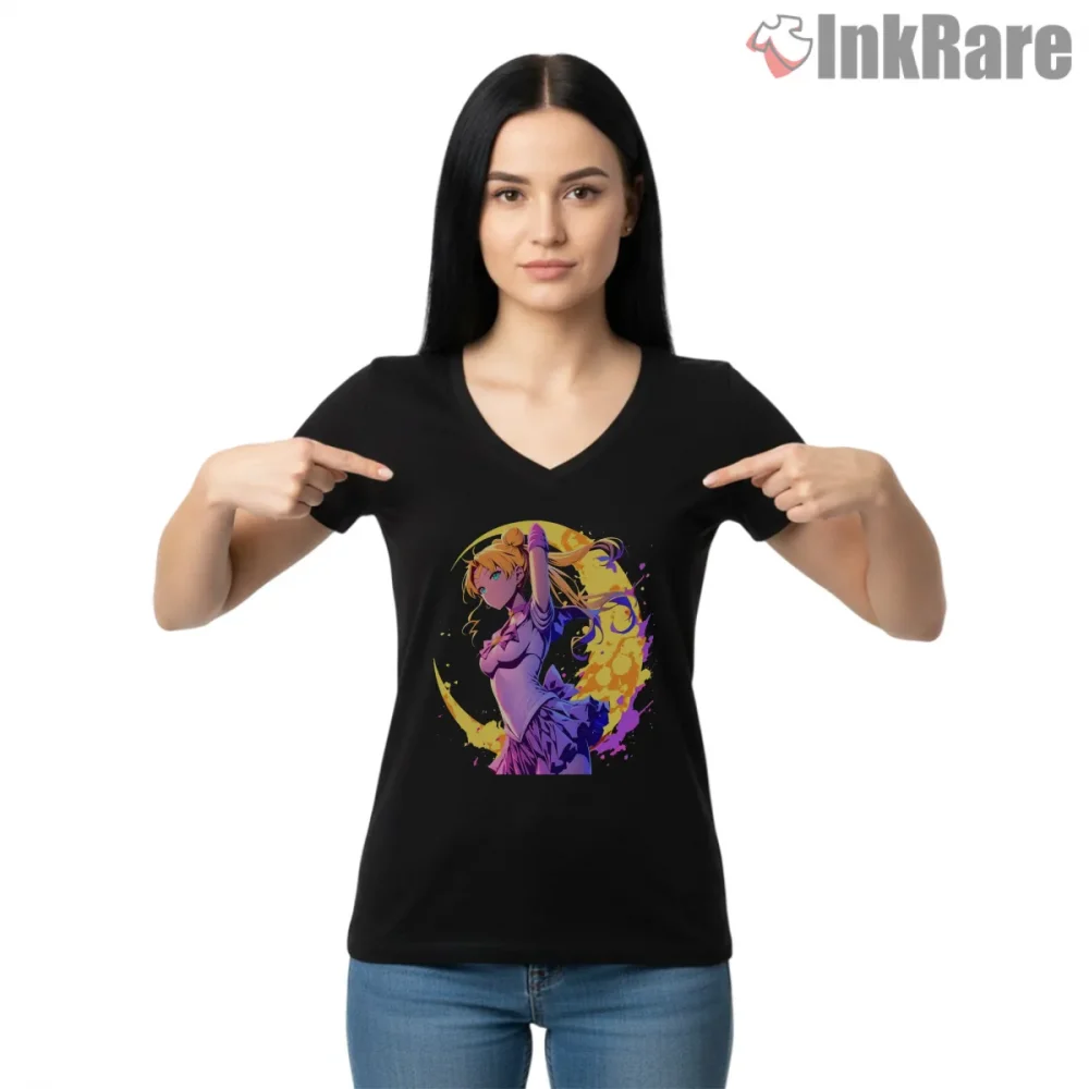 Crescent Moon Guardian Night Sky Shirt on black v-neck shirt for women graphic tee