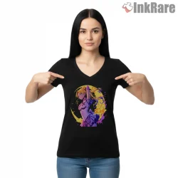 Crescent Moon Guardian Night Sky Shirt on black v-neck shirt for women graphic tee