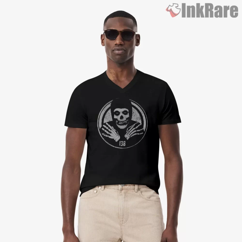 Crimson Ghost 138 Circle Patch Emblem Shirt on black v-neck shirt for men graphic tee