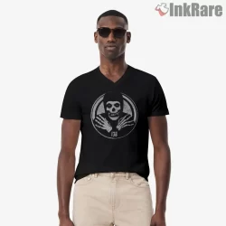 Crimson Ghost 138 Circle Patch Emblem Shirt on black v-neck shirt for men graphic tee