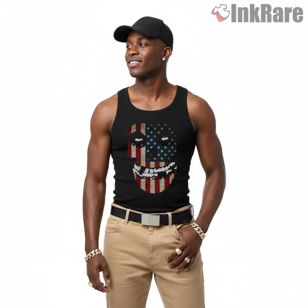 Crimson Ghost American Flag Skull Face Shirt on black tank top for men graphic tee