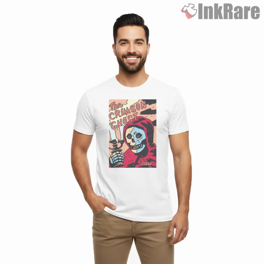 Crimson Ghost Hooded Lantern Comic Art Shirt on white short sleeve shirt for men graphic tee