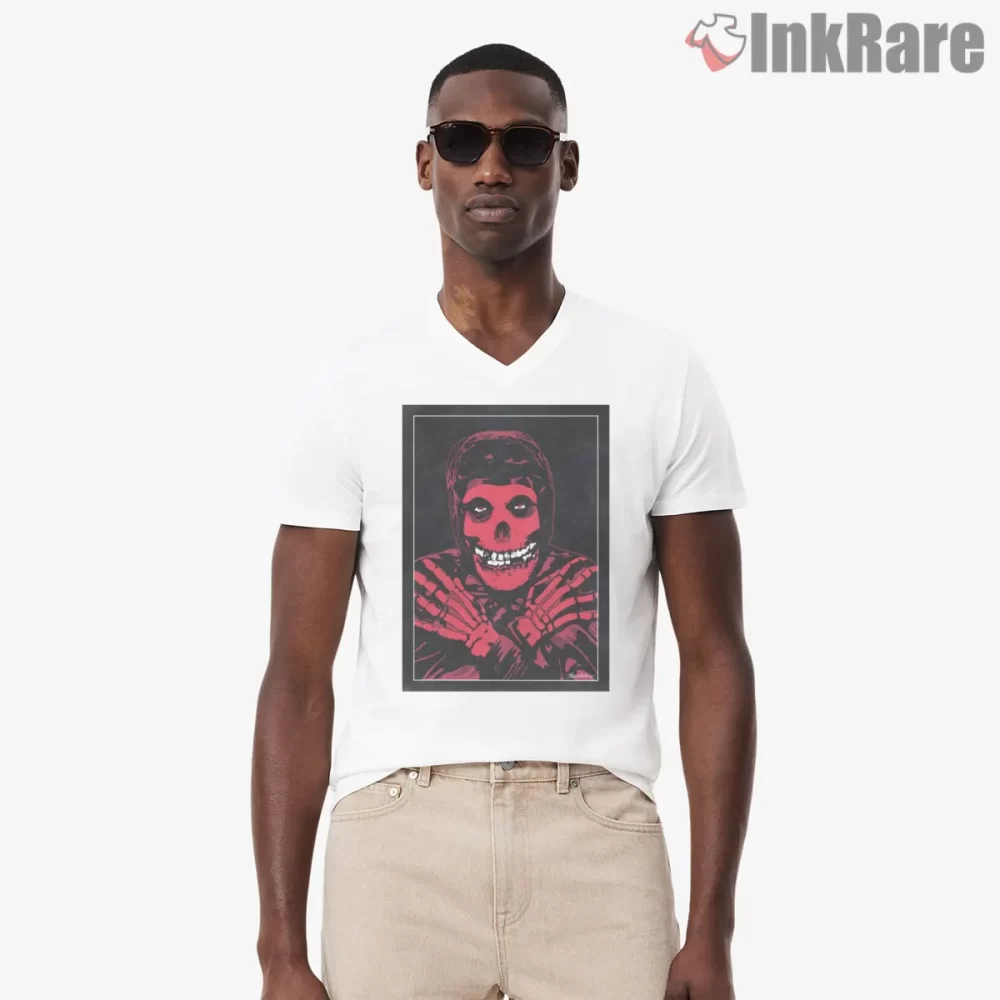Crimson Ghost Red Black Bichrome Portrait Shirt on white v-neck shirt for men graphic tee