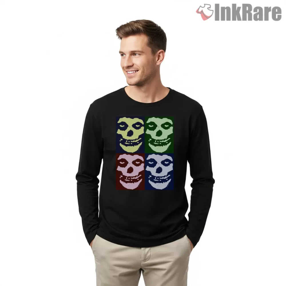 Crimson Ghost Warhol Pop Art Quad Panel Shirt on black long sleeve shirt for men graphic tee