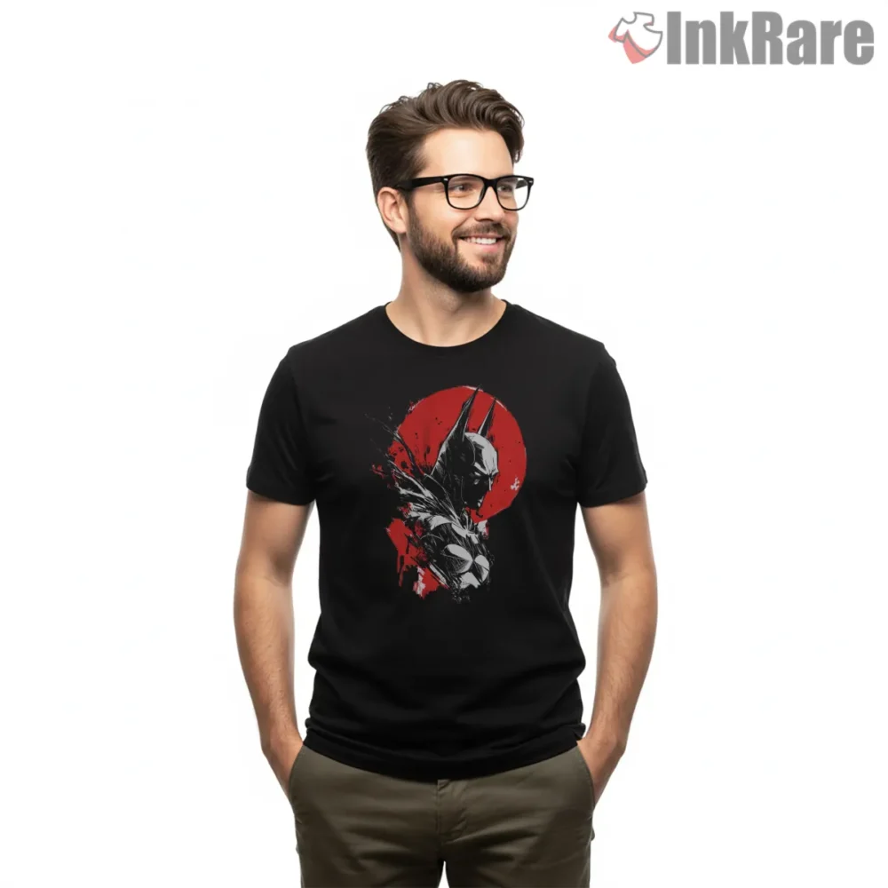 Crimson Moon Shattered Cowl Batman Shirt on black short sleeve shirt for men graphic tee