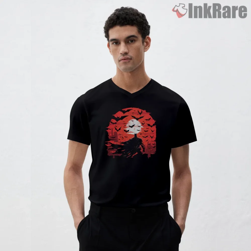 Crimson Moon Swarm Dark Knight Shirt on black v-neck shirt for men graphic tee