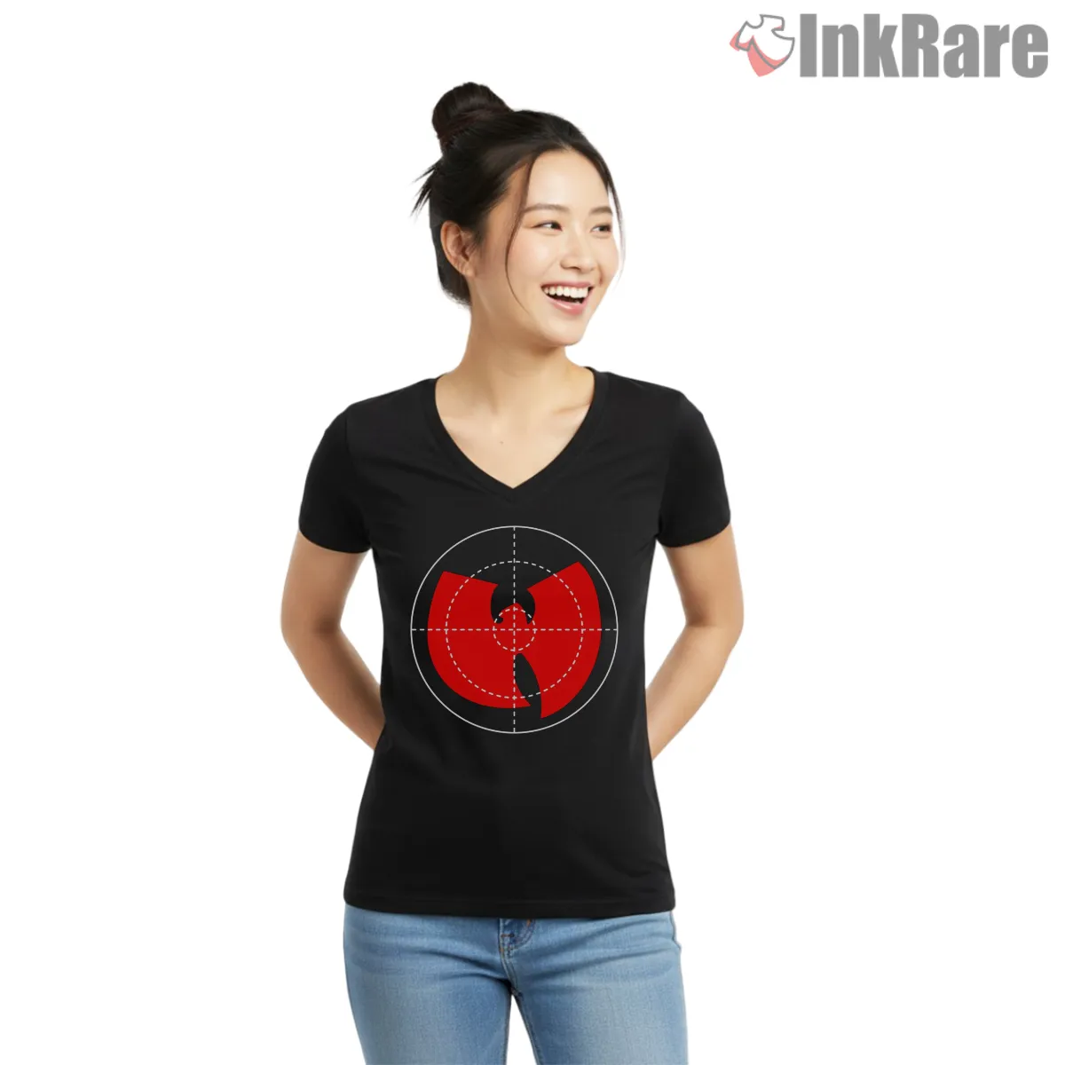 Crosshair Target Wu Tang Logo V Neck Black Crosshair Target Wu Tang Logo Shirt on black v-neck shirt for women graphic tee