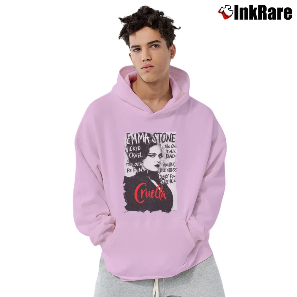 Men’s Cruella Estella Miller Cruella De Vil Disney Emma Stone Movie Pullover Hoodie in light pink | Cozy, Durable, Modern Fit