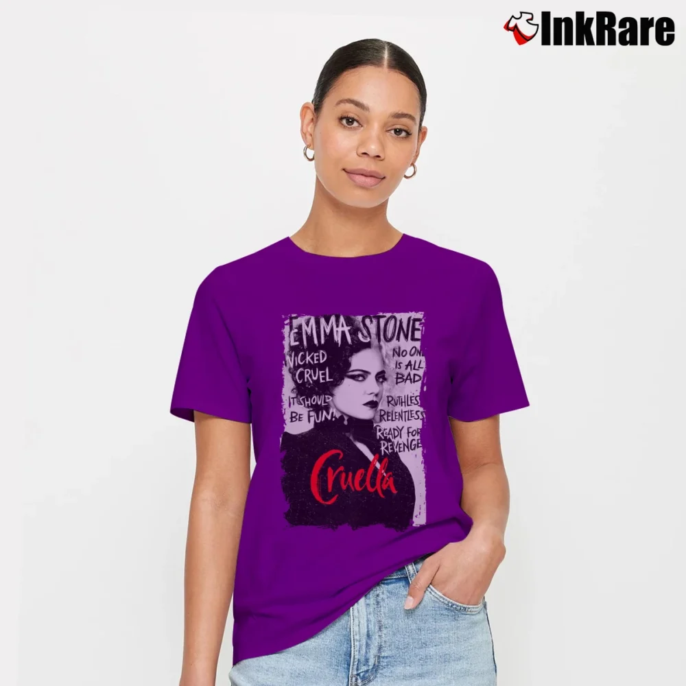 Women’s Cruella Estella Miller Cruella De Vil Disney Emma Stone Movie Signature T-Shirt in purple | Soft, Flattering Fit