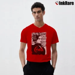 Men’s Cruella Estella Miller Cruella De Vil Disney Emma Stone Movie V-Neck Tee in red | Sharp, Breathable, Everyday Staple