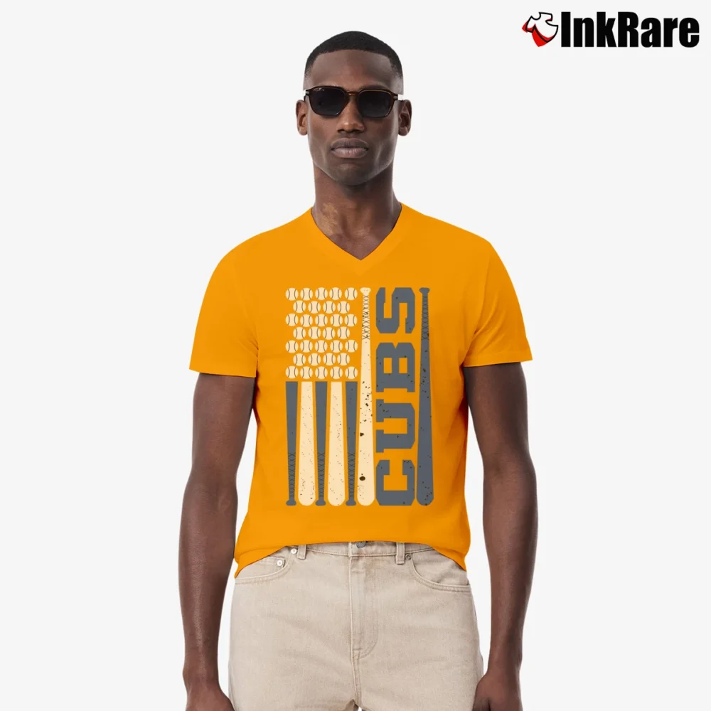 Men’s Cubs Baseball Mascot SVG Cricut Cutting File V-Neck Tee in orange | Sharp, Breathable, Everyday Staple