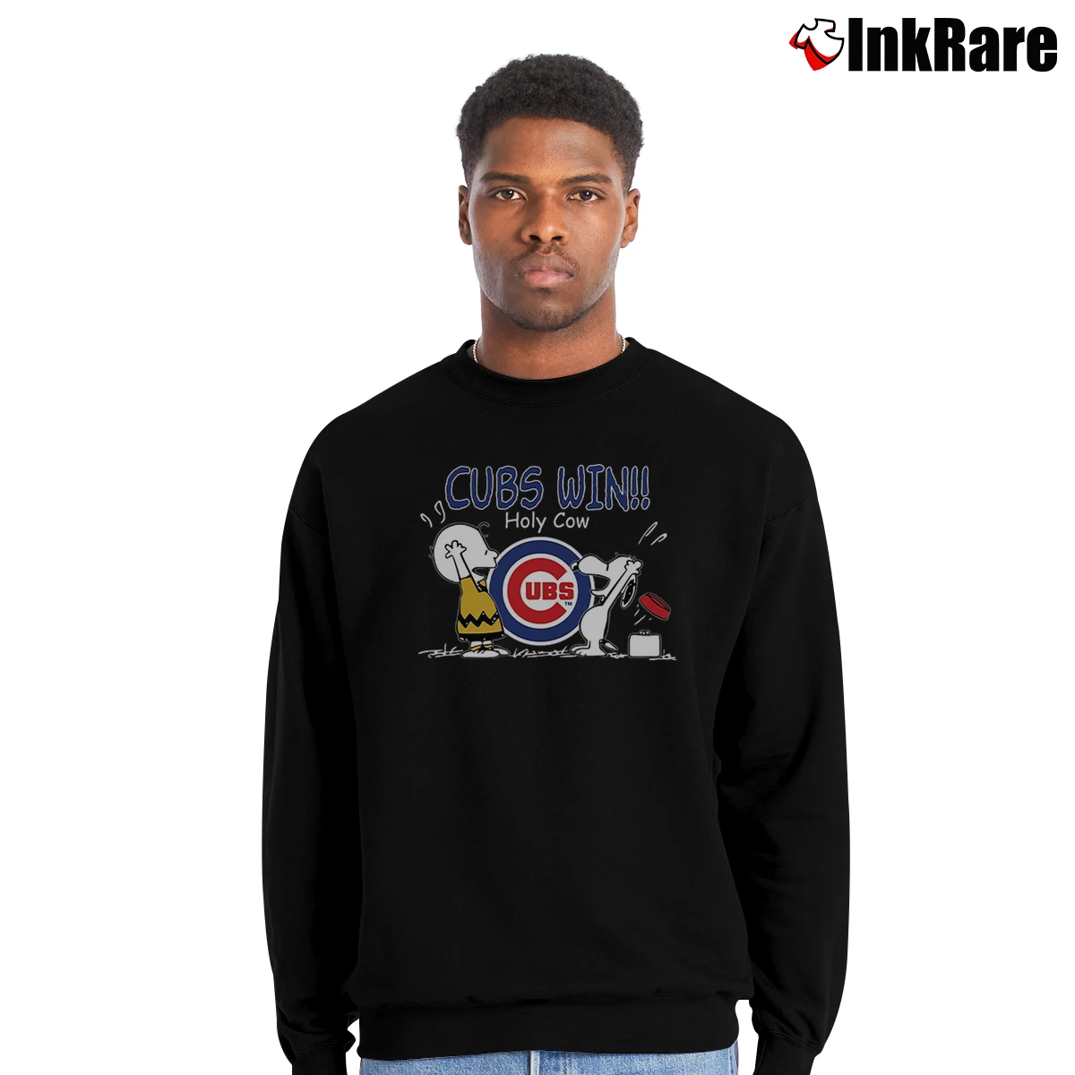 Men’s Cubs Win Holy Cow Snoopy And Chalie Brown Crewneck Sweatshirt in black | Cozy Fabric, Clean Style