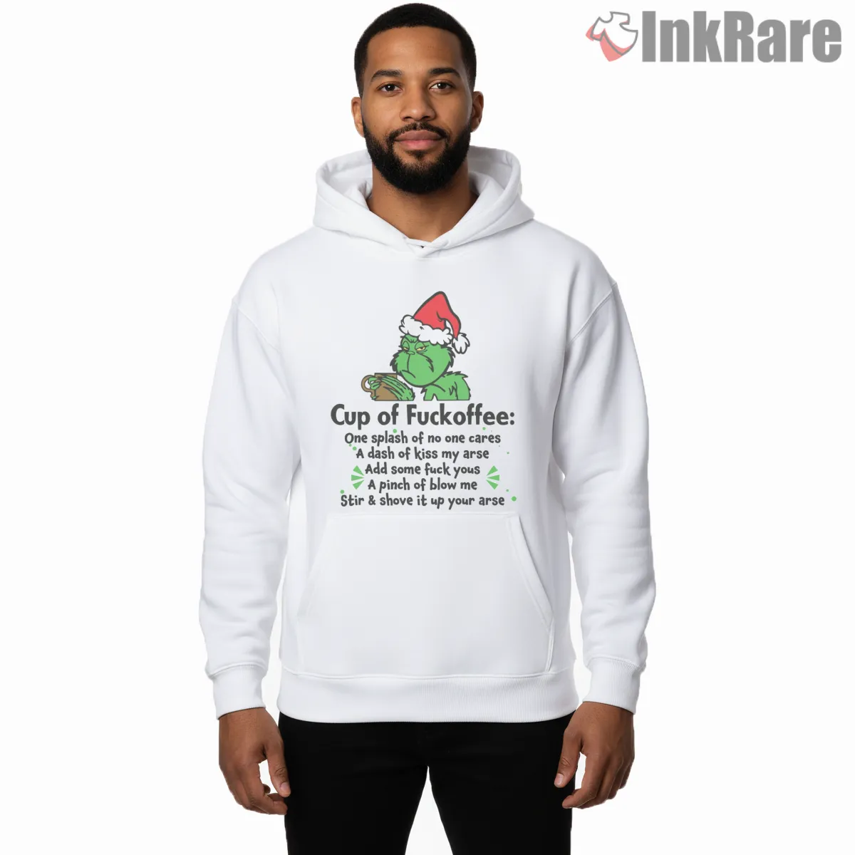 Cup Of Sarcastic Grinch Coffee Recipe Shirt on white hoodie for men graphic tee