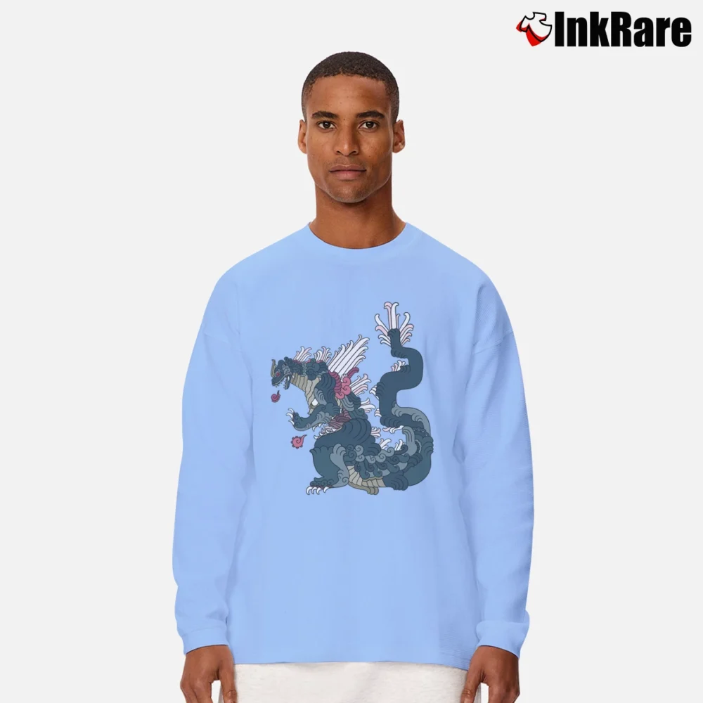 Men’s Custom Novelty Monster Godzilla Graphic Long-Sleeve Shirt in light blue | Sleek, Lightweight, Year-Round Wear