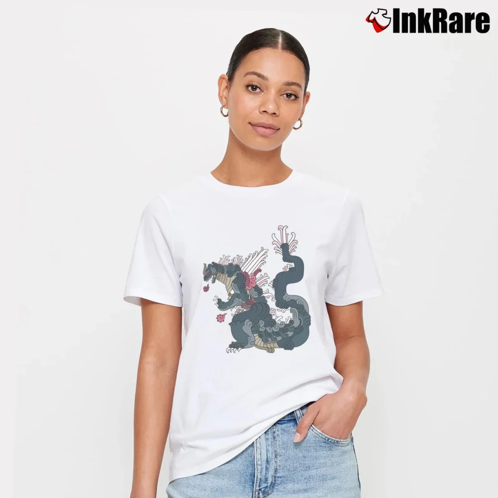 Women’s Custom Novelty Monster Godzilla Graphic Signature T-Shirt in white | Soft, Flattering Fit