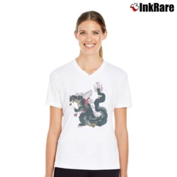 Women’s Custom Novelty Monster Godzilla Graphic V-Neck Tee in white | Chic Neckline, Soft Texture